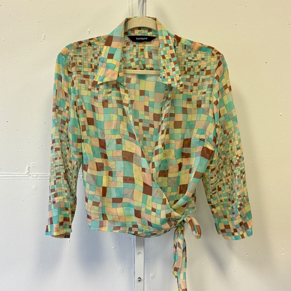 Y2K Express 100% Silk Geometric Mosaic Wrap Top Blouse Teal Tan Brown Sz 13/14 L